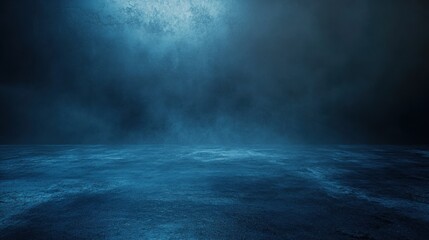 Naklejka premium Abstract background with blank dark wall and smoky concrete floor illuminated by blue color. Mockup, 3D rendering