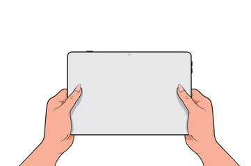  A man holds a modern tablet with an empty screen on a white background with two hands. Vector image