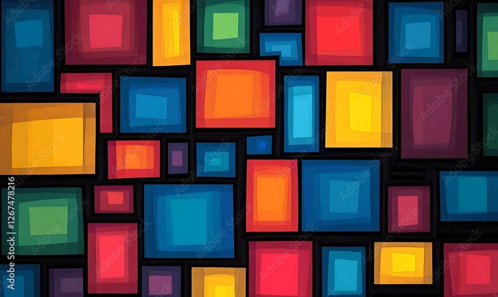 Fototapete Abstract colorful pattern with overlapping rectangles and squares on a dark background arranged in an overlapping pattern against a dark background.

