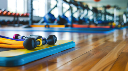 well equipped gym with exercise mats and weights, showcasing fitness equipment and vibrant atmosphere