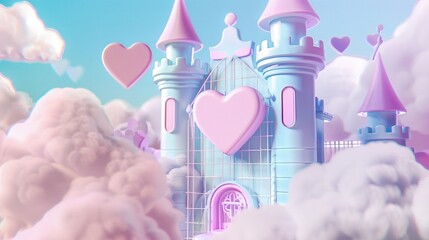 Beautiful Pastel Pink, Blue, and Purple Princess Castle with Heart-Shaped Windows in Fairy Tale Animation Style on Transparent Background. Enchanting and Magical Clipart for Fantasy Themes.