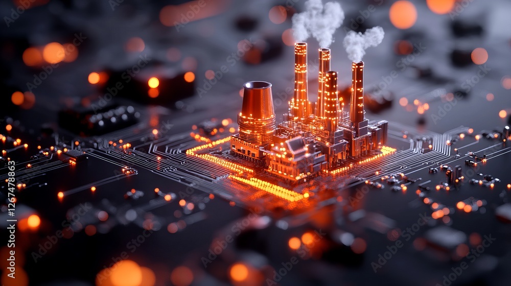 Poster futuristic factory on a circuit board. intricate details and warm lighting create a captivating imag