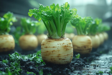 A vibrant field of young turnips standing tall in rich soil rows