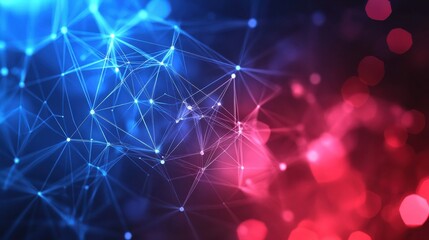 Obraz premium Technology bright low poly connection abstract background. Blue and red blurred futuristic vector design