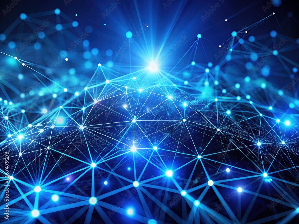 Poster abstract blue background depicts dynamic data streams, particle trails, and vibrant network connecti