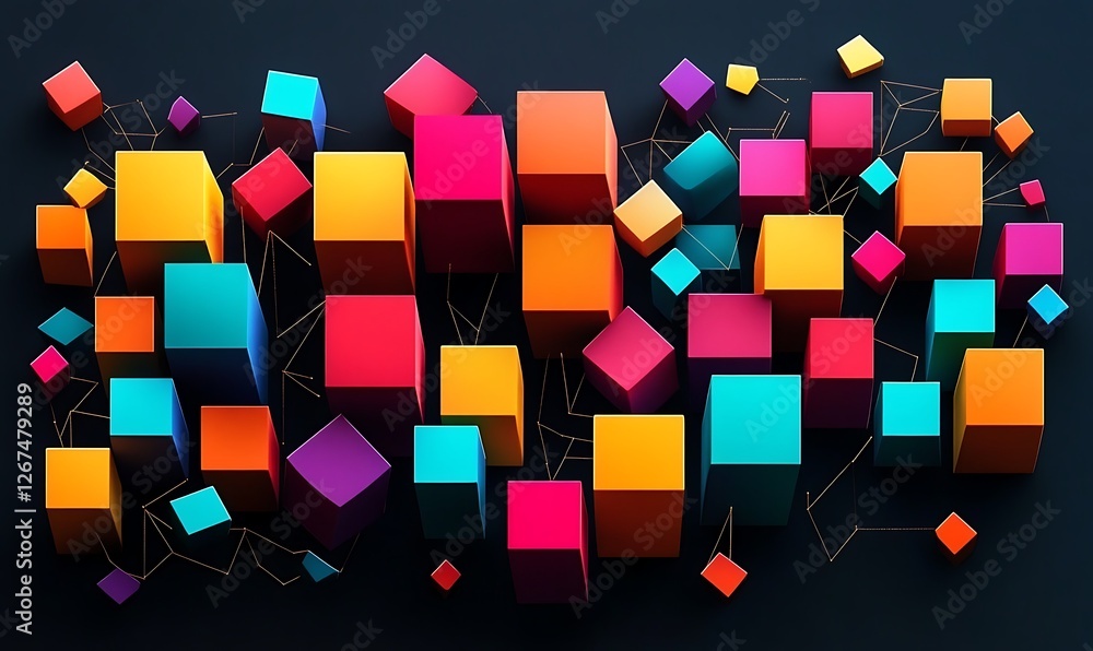 Poster a vibrant arrangement of colorful 3d cubes against a dark background, emphasizing depth and design, 