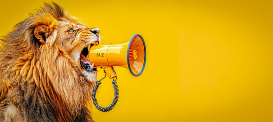 A roaring lion holding a yellow megaphone on a bright yellow background. The image conveys strength, communication and a bold expression. Creative SALE advertising concept with copy space.