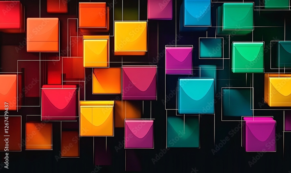 Poster a vibrant arrangement of colorful 3d cubes against a dark background, emphasizing depth and design, 