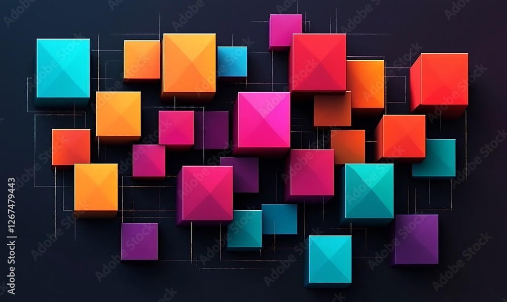 Poster a vibrant arrangement of colorful 3d cubes against a dark background, emphasizing depth and design, 