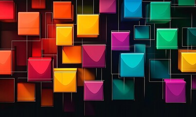 A vibrant arrangement of colorful 3D cubes against a dark background, emphasizing depth and design, a dynamic visual effect against a dark backdrop, emphasizing depth and movement

