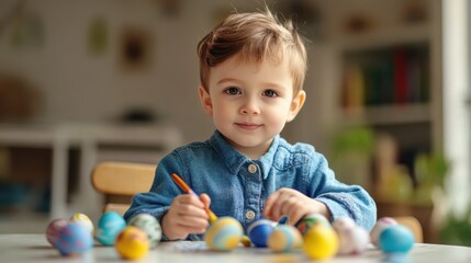 Fototapeta premium Cute little boy painting Easter eggs. Happy child with Easter eggs
