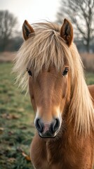 Obraz premium Close-up of a beautiful horse with long mane in a tranquil pasture during early morning light