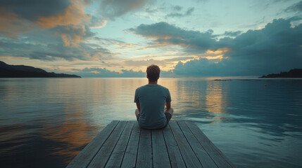 man sits alone on a wooden pier, gazing at a calm lake during sunset. The sky is filled with dramatic clouds reflecting on the water, creating a peaceful and introspective atmosphere