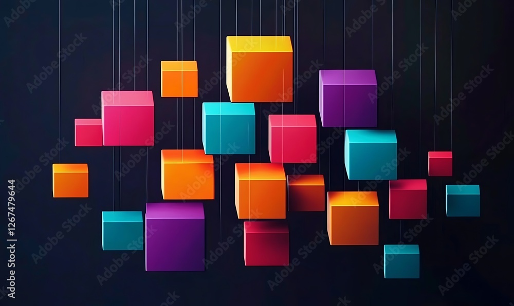 Poster a vibrant arrangement of colorful 3d cubes against a dark background, emphasizing depth and design, 