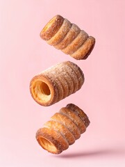 Golden, hollow trdelníks coated in fine sugar, levitating against a pastel pink background. The crisp texture contrasts beautifully with the soft pink tones.