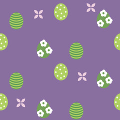 Happy Easter egg pattern. Vector spring purple and green seamless pattern. Easter eggs with abstract flowers. Design background flat style element.