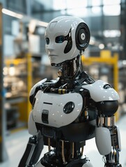 Fototapeta premium A humanoid robot working in an advanced factory setting, highlighting automation and the future of manufacturing.