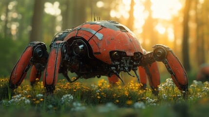 Rusty red robotic spider in a forest clearing at sunset.