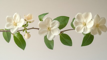 Obraz premium Delicate branch with blooming white flowers and vibrant green leaves against a soft background.