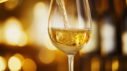Obraz premium An elegant glass filled with sparkling white wine, the bubbles rising beautifully and highlighting its vibrant color, ideal for celebrations and intimate moments.