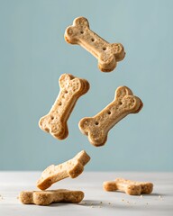 Golden-brown dog biscuits shaped like bones appear to be falling through the air against a soft blue background. The light and shadows highlight the crisp texture, creating a dynamic, high-quality pet