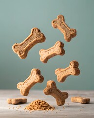 Golden-brown bone-shaped pet biscuits fall through the air above a small pile of crumbs, highlighting their crunchy texture and freshness in a playful, dynamic composition.