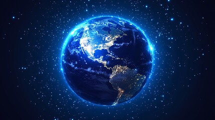 Obraz premium Stunning Blue Planet Earth Night View Glowing Space Background Digital Art Realistic World Illustration Global Imagery Satellite Image Planet Earth 