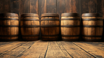 A row of wooden barrels displayed against a rustic backdrop, symbolizing craftsmanship and tradition in storage, evoking sentiments of history, aging, and quality in design.