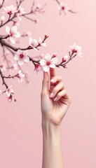 Fototapeta premium Hand Touching Delicate Pink Cherry Blossom on Branch