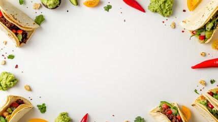 mexican fiesta invitation, a lively mexican fiesta-themed postcard template featuring tacos, guacamole, and chili peppers surrounding an empty central area for a celebratory message