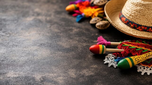 mexican fiesta theme, cinco de mayo postcard template with papel picado, sombreros, maracas, and space for text on a textured background