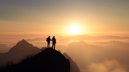 Couple Silhouetted Against a Majestic Sunset over Mountain Peaks