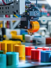 A 3D printer creating a colorful prototype in a design studio, highlighting creativity and innovation in product development.