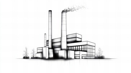 Sketch of an industrial power plant emitting smoke. Black and white illustration.