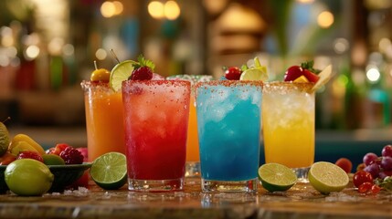 mexican cocktail bar, a lively bar serving colorful margaritas and cocktails with lime, chili salt, and fresh fruit, amid festive mexican decor
