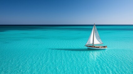 Obraz premium A serene sailboat glides over the shimmering turquoise waters, reflecting a clear blue sky, creating a tranquil and picturesque ocean scene.
