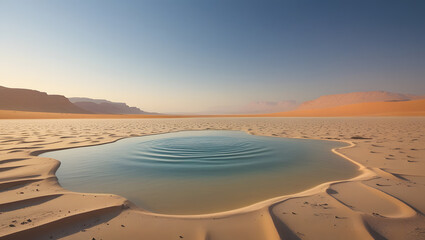 In the desert, a mirage on the horizon creates the illusion of water where there is none, shimmering in the heat