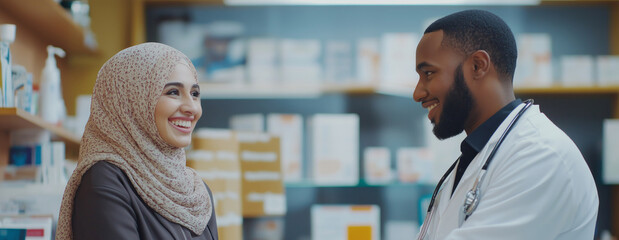 Inside a modern clinic, a joyful young Muslim woman in a hijab engages with a friendly healthcare professional, sharing smiles and positive conversation