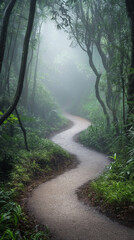 Obraz premium A winding path through a rainy, fog-covered rainforest, with thick mist and droplets in the air, and light breaking through the tree canopy, creating vibrant colors and deep natural tones