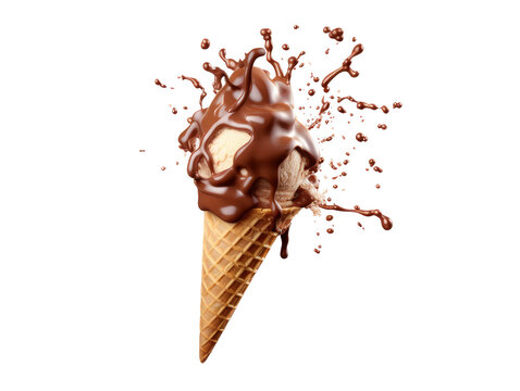 Melted Chocolate Ice Cream Cone with Splashing Melted Chocolate on transparent background 