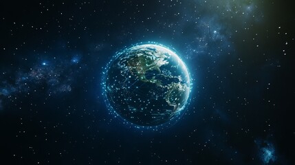 Obraz premium Global Network Connection Earth Planet Digital Art Futuristic Technology Space Background Modern Illustration Blue Green Hues Abstract Design World 