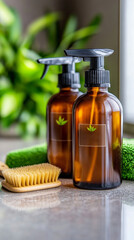 Two amber bottles of natural beauty products like shampoo and body lotion sit beside wooden brush