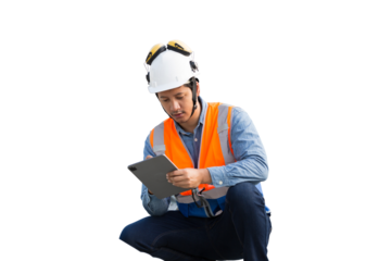 Portrait of Asian male engineer wear uniform and helmet on transparent background