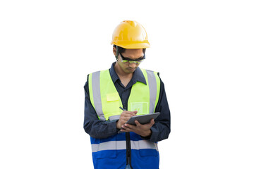 Portrait of Asian male engineer wear uniform and helmet on transparent background