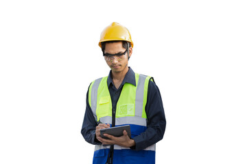 Portrait of Asian male engineer wear uniform and helmet on transparent background