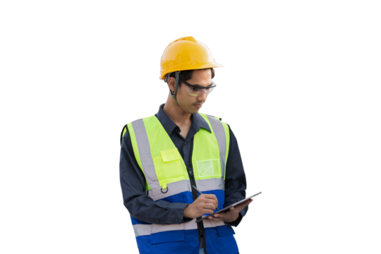 Portrait of Asian male engineer wear uniform and helmet on transparent background