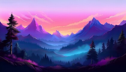 beautiful illustration of mountains forest silhouettes background with copy space