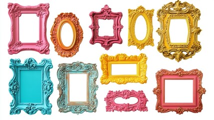 A collection of elegant vintage picture frames with intricate details, isolated on a transparent background, perfect for decorative designs.

