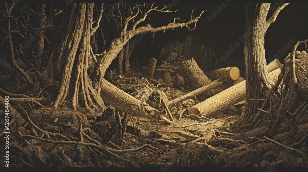 Aufkleber dark forest scene with fallen logs and twisted roots in depth