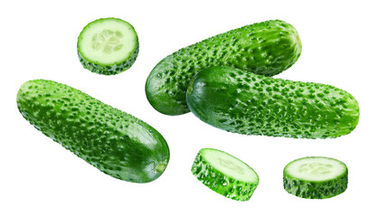 Cucumber set Clipping Path. Cucumber and slice isolated on white background with clipping path. Cucumber Flying in air